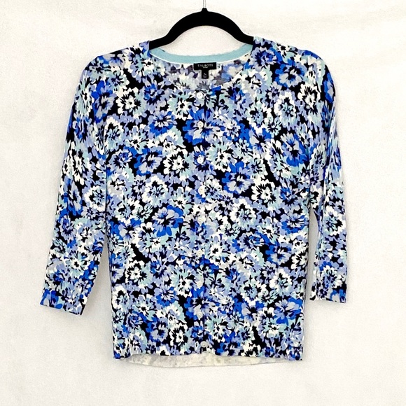 Talbots Blue Floral Cotton Blend Charming Cardigan - Picture 10 of 11